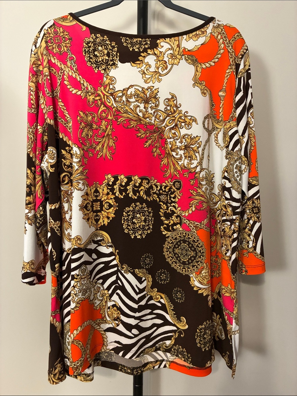 Susan Graver Bold Mixed-Print Animal Print Tunic Pink Orange Black White Plus 2X - Picture 3 of 7